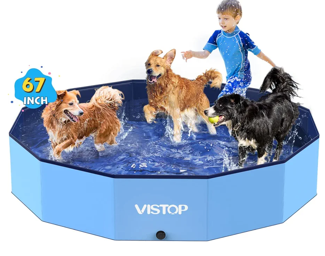 VISTOP Large Foldable Dog Pool, Hard Plastic Shell Portable Swimming Pool for Dogs Cats and Kids Pet Puppy Bathing Tub Collapsible Kiddie Pool (57inch.D x 11.8inch.H, Blue)
