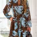 PRETTYGARDEN Women's Fall Boho Dresses 2026 Floral Long Sleeve V Neck Mini Flowy Wedding Guest Dress Trendy Vacation Outfits (Brown, L)