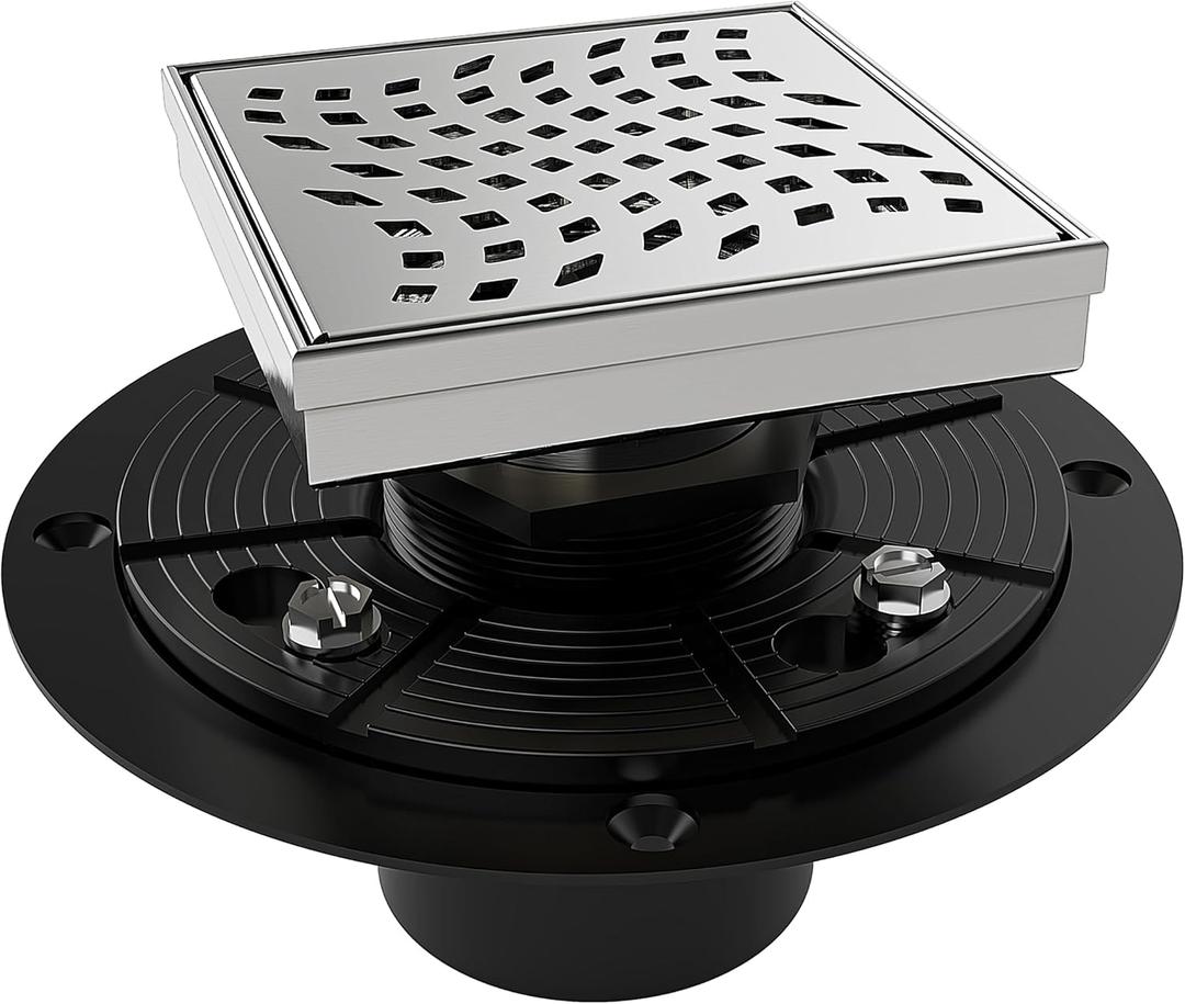 WEBANG 4 Inch Square Shower Drain Brushed Floor Drain with Flange Wave-Hole Pattern Cover Grate Removable SUS304 Stainless Steel Watermark&CUPC Certified Brushed