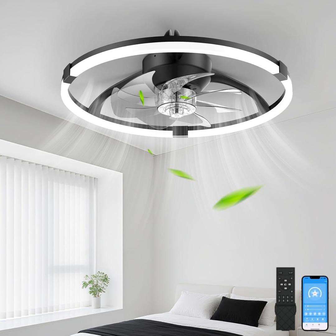 Ceiling Fans with Lights and Remote, 20'' Low Profile Ceiling Fan, 3000-6500K Dimmable Modern Flush Mount LED Fan Light, 6 Wind Speeds, Ceiling Fans for Bedroom (Ultra-thin Black)