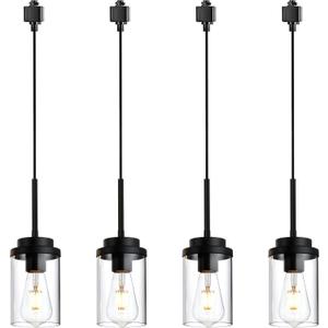 MELUCEE 4 Pack H-Type Track Lighting Pendants Black Ceiling Track Hanging Light Fixtures with Clear Glass Shades, Compatible with H Type Track Lighting Rail, E26 Socket