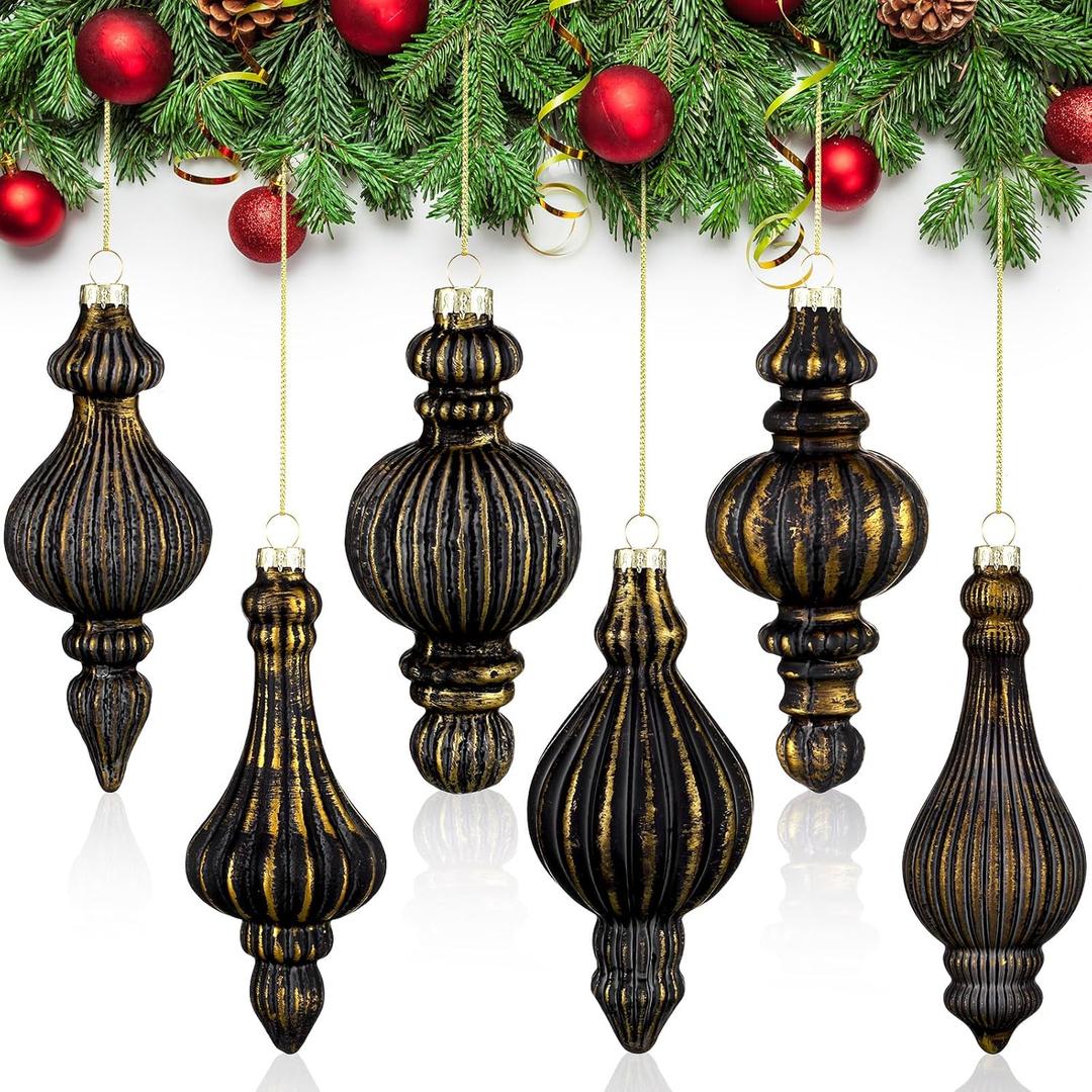 Pinkunn 6 Pcs 6.3 Inch Rustic Mercury Glass Finial Christmas Ornaments Vintage Mercury Glass Christmas Ornaments Farmhouse Hanging Decor for Xmas Tree Winter Holiday Decoration (Black,Golden)