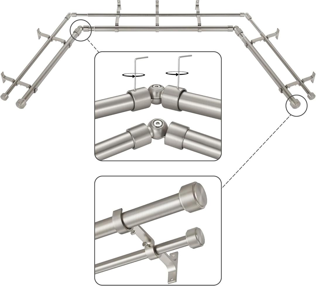 Brushed Nickel Double Corner Window Curtain Rods with Aluminum End Cap Finials and Brackets,1 Inch Diameter Dual Bay Window Curtain Rods, Adjustable 2 Sided 20-36" and 36-72" Center Rod