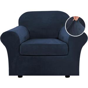 H.VERSAILTEX Rich Velvet Stretch 2 Piece Cover Chair Slipcover Sofa Cover Furniture Protector Couch Soft with Elastic Bottom Chair Couch Cover with Arms Width Up to 49 Inch (Chair, Navy)