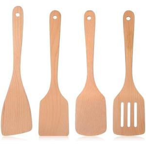 HJZHII 4Pcs Wooden Spatula for Cooking, Flat Wooden Spatula for Non Stick Cookware Paddle Turner Slotted Frying Cooking Utensils Kitchen for Baking Mixing Scraping