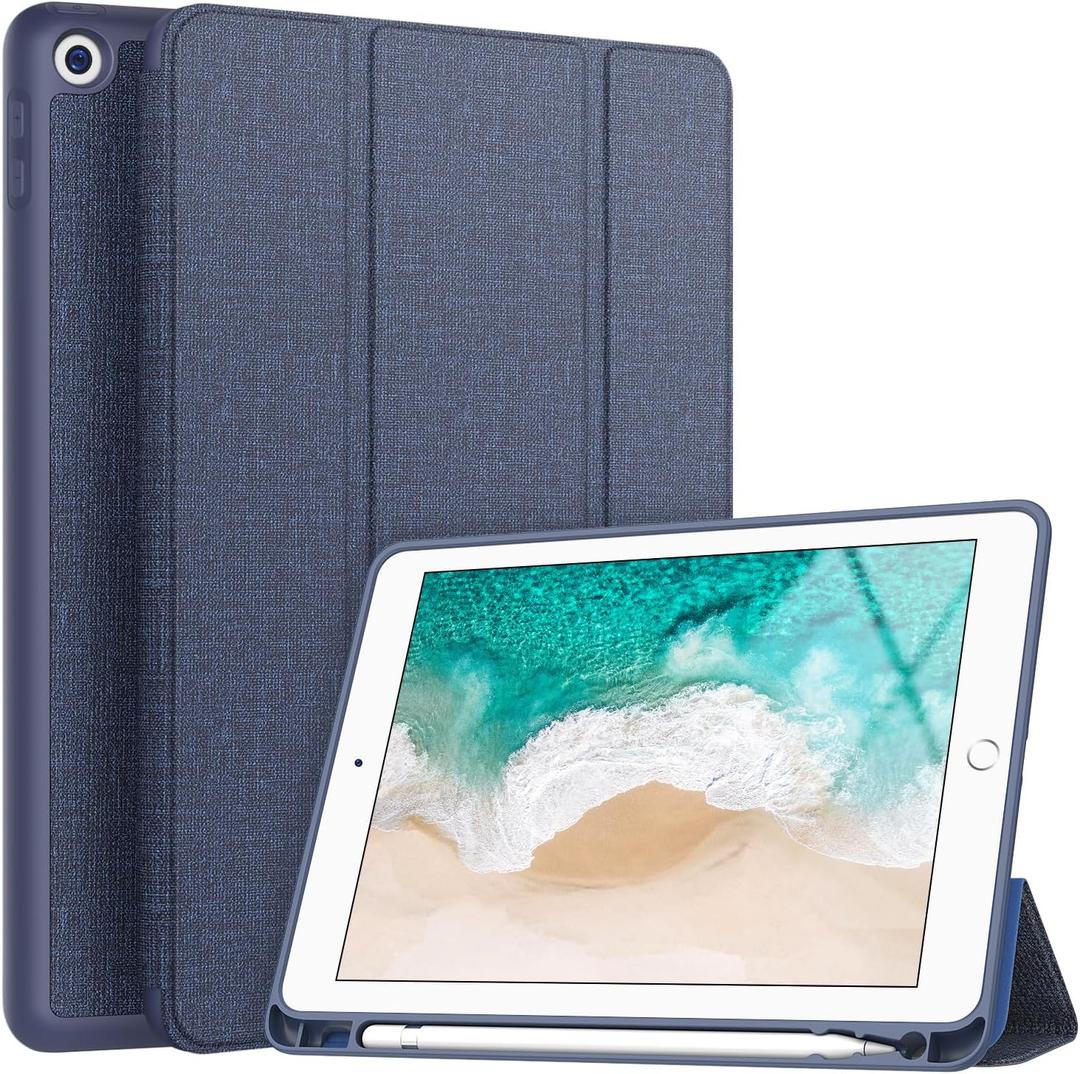 Soke Case Fits for iPad 6th/5th Generation with Pencil Holder - [Full Body Protection + Auto Wake/Sleep], Shockproof Soft TPU Back Cover for Apple iPad 9.7 inch 2018/2017, Navy Blue