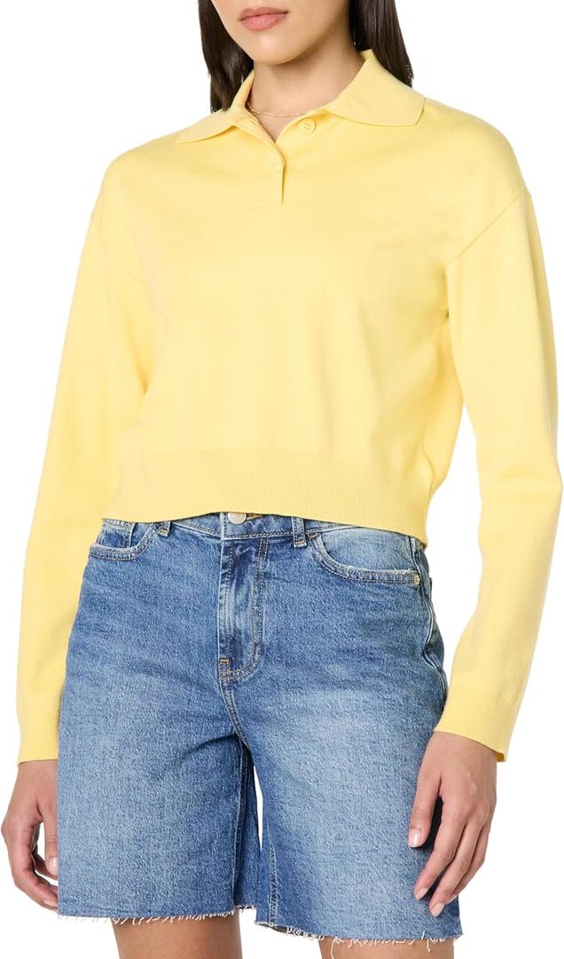 The Drop Women's Joan Splitneck Polo Long Sleeve Sweater (Pale Bananna), S The Drop Women's Joan Splitneck Polo Long Sleeve Sweater (Pale Bananna), S