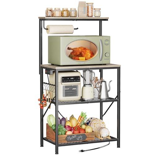 Huuger 4-Tier Bakers Rack with Reversible Power Outlet, 23.6 Inch Microwave Stand, Kitchen Coffee Bar, with Top Shelf, 6 S Hooks, Oak