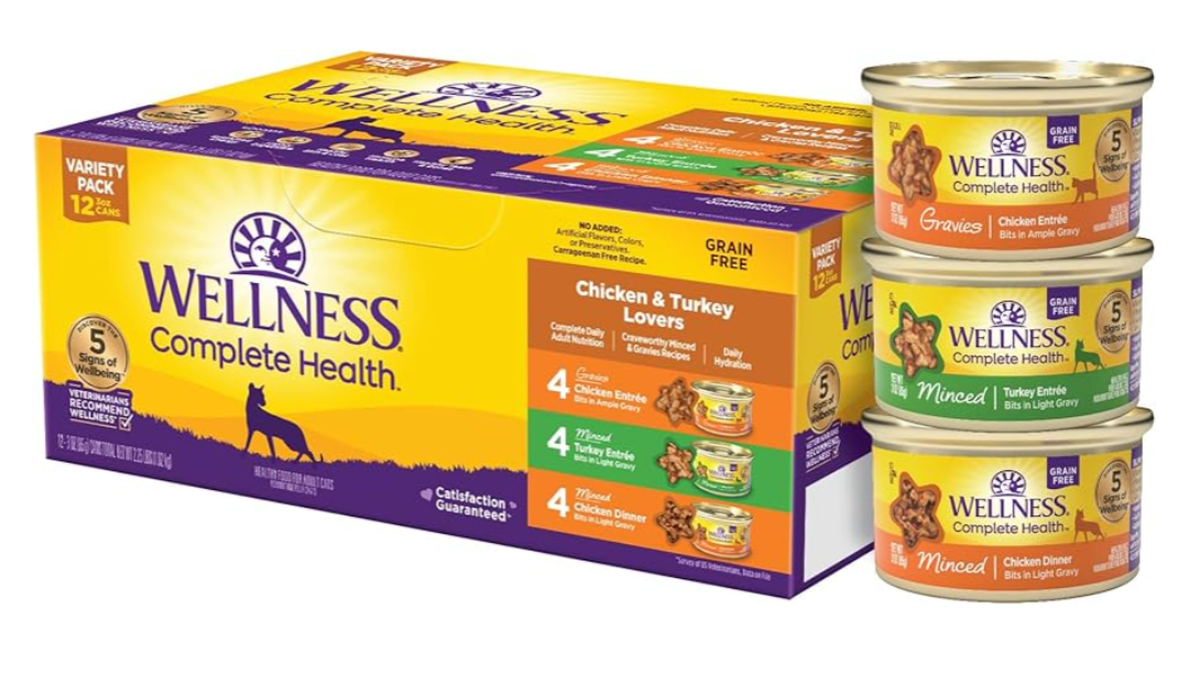 Wellness Complete Health Gravy and Minced Adult Wet Cat Food, Natural, Protein-Rich, Grain-Free, 3 Ounce, 12 Pack, (Chicken & Turkey Lovers Variety Pack), Best By: FEB 16 2028
