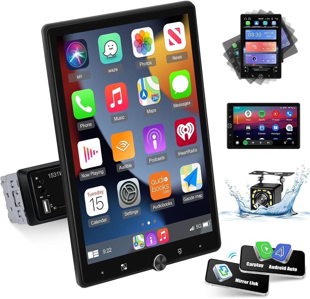 Single Din Vertical Car Stereo Rotatable 10.4 inch Touch Screen Radio with Wireless Carplay/Android Auto/EQ Audio/Bluetooth/SWC/GPS Navigation/FM Radio +Backup Camera