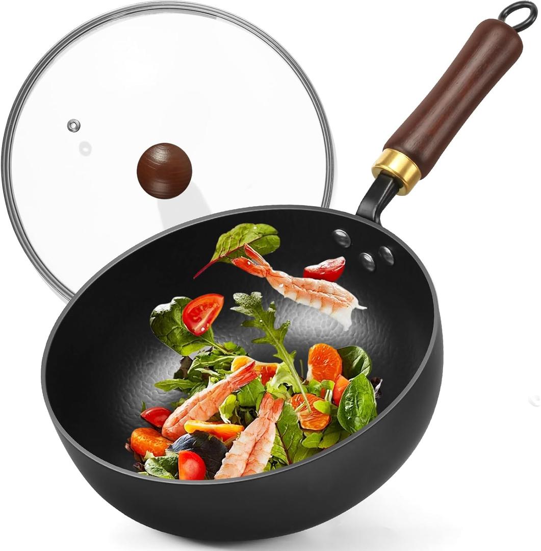 Carbon Steel Wok, 9.5" Bi-Thickness Authentic Chinese Woks & Stir-Fry Pans, Saute Pan with Lid, Deep Fry Pan Flat Bottom Small Wok for 1-2 Servings