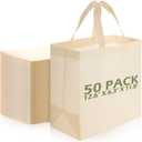 Reginary 50 Pieces Reusable Totes Bag Bulk Shopping Bags Non Woven Grocery handbag with Handles Foldable for Boutiques(Beige)