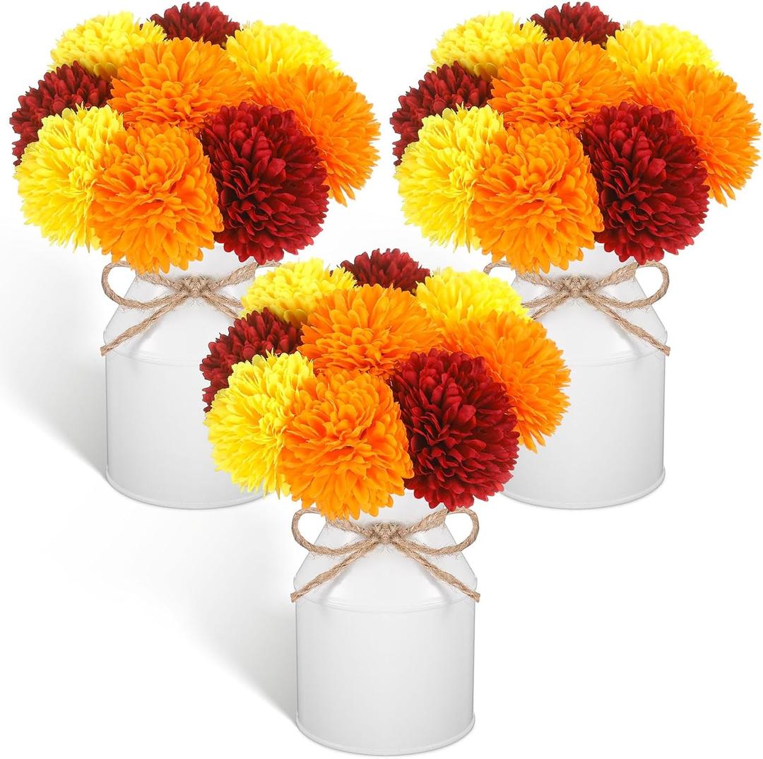 Domensi 3 Sets Day of The Dead Table Centerpieces Decoration Artificial Marigold Flowers 27 Mexican Fake Silk Marigold Chrysanthemums Mum Ball with 3 Metal Pot Home Decor for Cinco De Mayo Party Party