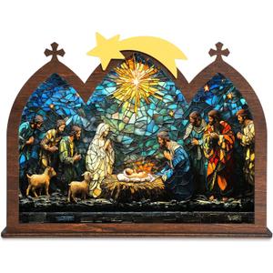 Wooden Nativity Set, Vintage Christmas Nativity Scene Set, Miniature Holy Family Figurines, Table Top Christmas Jesus Decorations for Indoor Mantel Display, Miracle In A Manger Gift (Nativity Candle Holder)