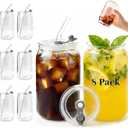 Leakproof Glass Cups with Plastic Lids and Straws, 16oz Iced Coffee Cup, Drinking Glasses Tumbler for Water, Boba Tea, Smoothie - 8pcs