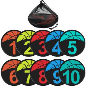 10 Packs Basketball Training Spot Markers, 9" Colorful Anti-Slip Rubber Sports Training Markers, Round Flat Floor Marker with Number Dots for Teaching