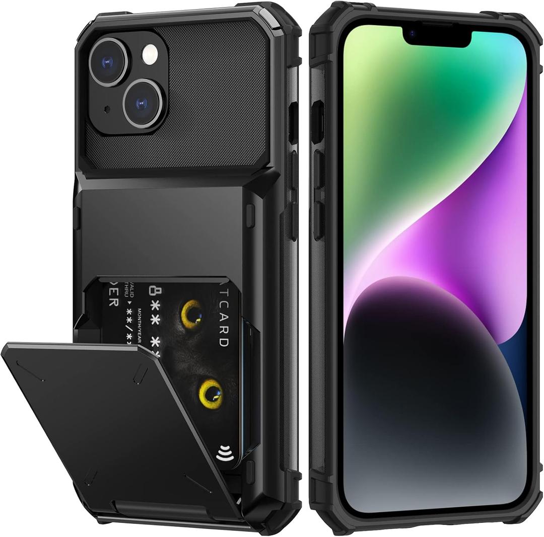 Nvollnoe for iPhone 14 Case with Card Holder[Store 5 Cards] Dual Layer Heavy Duty Shockproof Wallet Case with Hidden Card Slot Large Storage Cover for iPhone 14(Black)