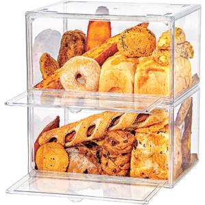 2pcs Large Bread Box Kitchen Countertop upgraded - Large Capacity Transparent Bread Rack Storage Box 20 Sheets of Greaseproof paper-Stackable Double-Layer Bread Pantry Storage Container