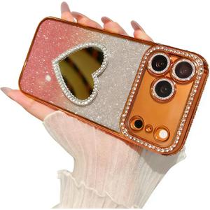 DAKORIE for iPhone 17 Pro Max Case Glitter Love Mirror Cute Bling Sparkly Rhinestone Cover for Women Girls for iPhone 17 Pro Max 6.9 inch - Orange