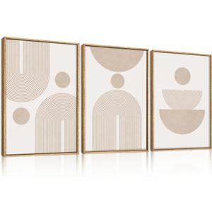 Large Neutral Beige Boho Framed Canvas Wall Art Set,Abstract Minimalist Arch Lines Wall Decor,Mid Century Modern Geometric Spiral Artwork for Living Room,Bedroom,Office-24 x36 x3
