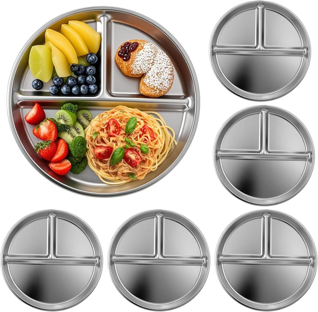 A set of 6 reusable 9-inch 304 stainless steel kids' plates, suitable for children to serve rice, noodles, ice cream and more.