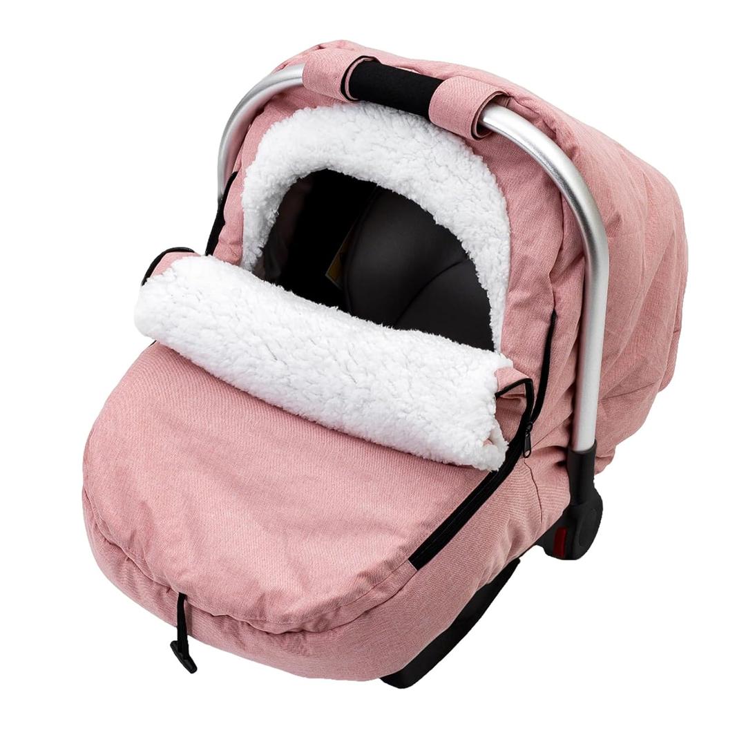 Winter Baby Car Seat Cover, Carseat Cover with Plush Sherpa Fleece Lining, Infant Car Seat Canopy with Peeping Window & Huge Space, Warm & Snug Baby Carrier Cover for Cold Weather (Pink)
