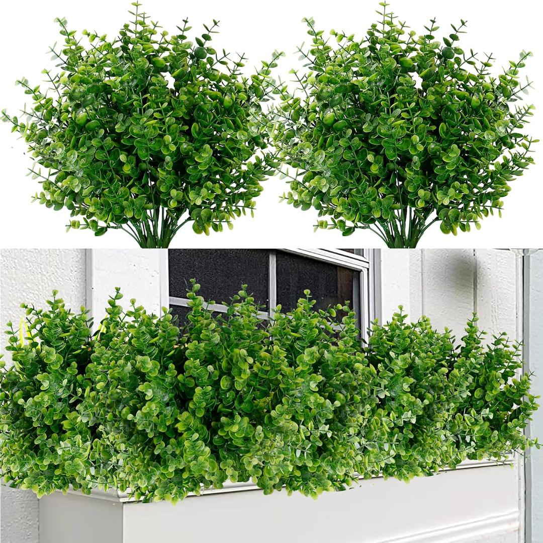Sggvecsy Artificial Flowers for Outdoors 12 Bundles UV Resistant Boxwood Shrubs Artificial Eucalyptus Fake Plants Faux Plastic Greenery for Farmhouse Garden Indoor Outdoor Home Wedding Decoration