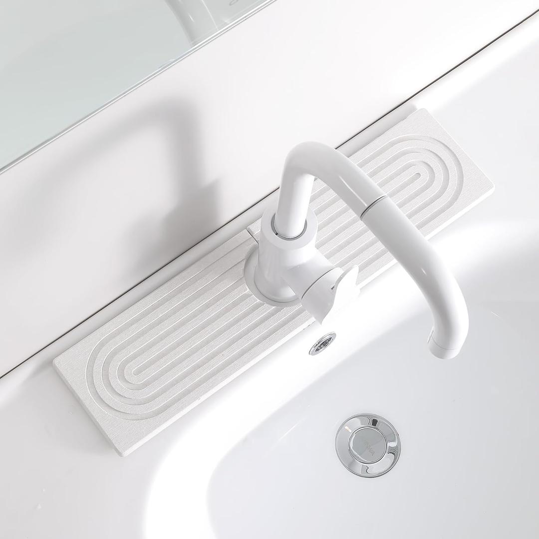 Stone Quick Dry Faucet Mat for Kitchen Sink [Diatomite Super Fast Drying] Stone Faucet Mat for Kitchen Sink Splash Guard Sinks Stone Quick Dry around Faucets Stones Drying Bathroom Quick Stones Mat (15.8" x 4", White)