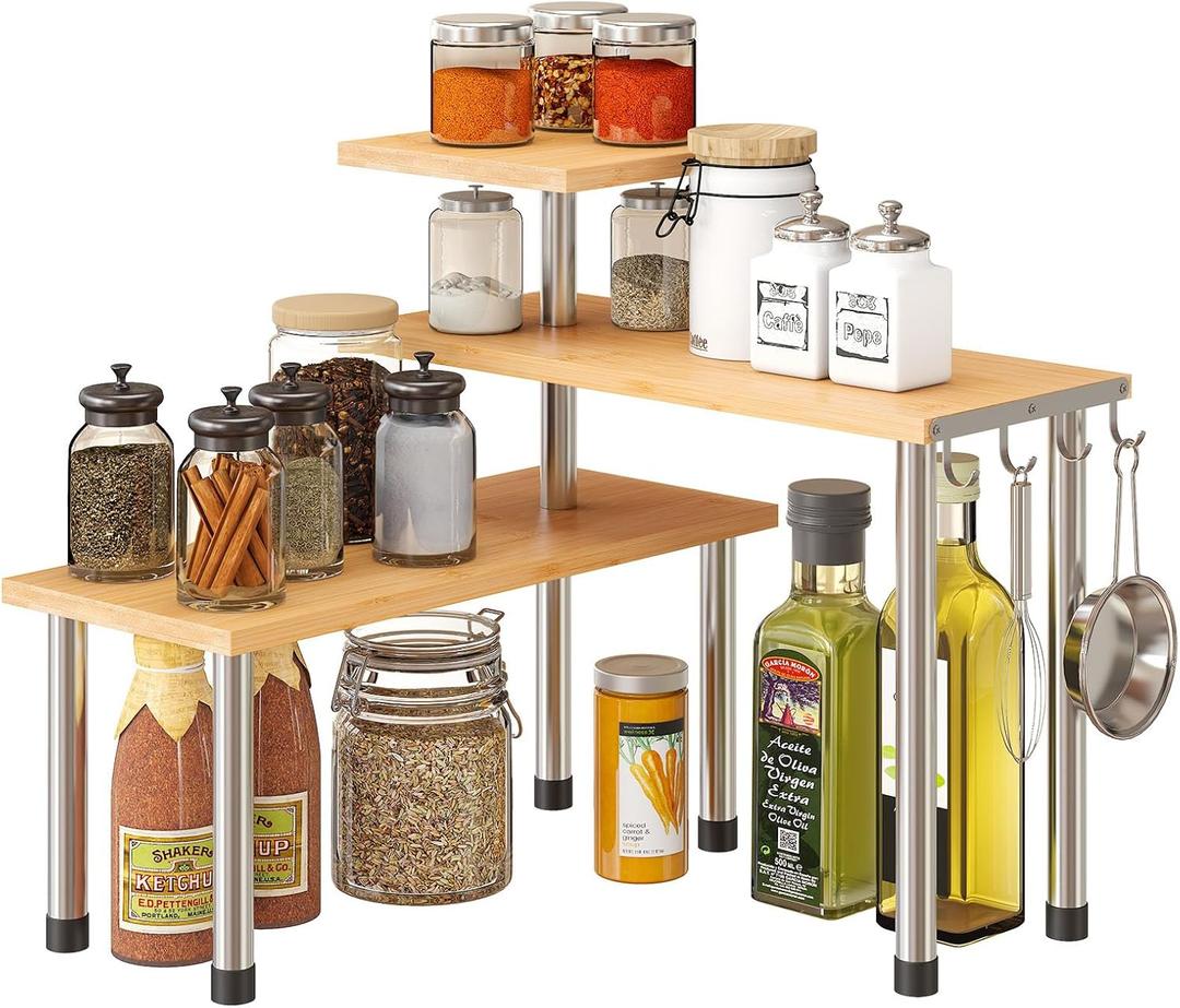 GHWIE Countertop Organizer Corner Shelf - Bamboo Corner Shelf Display Rack3 Tier Bamboo Space Saving Rack for Kitchen,Living Room, Office,Natural