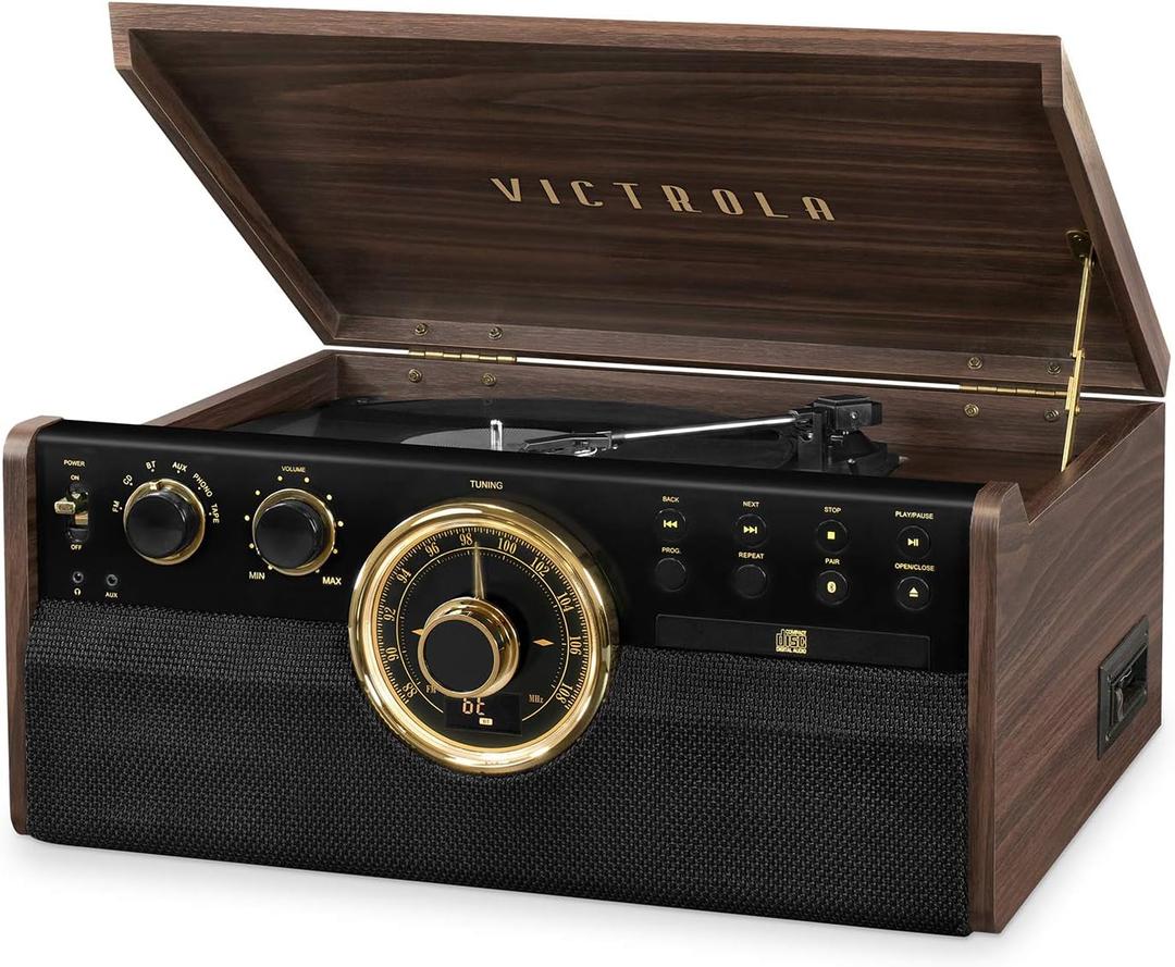 Victrola The Empire Mid-Century 6-in-1 Turntable & Multimedia Center with Built-in Speakers  3 Speed, Bluetooth Connectivity, Radio, Cassette & CD Player, RCA Out, Headphone Jack (Espresso)
