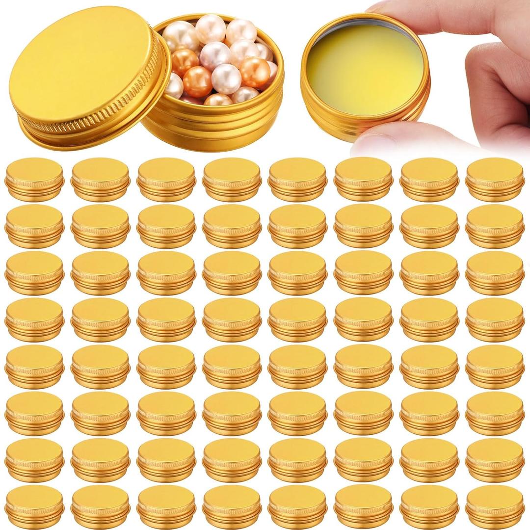 Patelai 64 Pieces Lip Balm Tin Containers Screw Top Round Tin Cans Aluminum Jar with Screw Lid, Empty Bottle Travel Cosmetic Sample Container for DIY(0.5 oz,Gold)