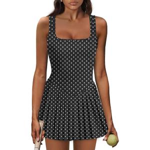 NIASHOT Polka Dot Dress Summer Rompers Womens Tennis Dress Pleated Skirt Athletic with Shorts Vacation Dresses Graduation Spring Outfits 2026 Pilates Fashion Clothing Black Dots M