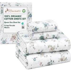 RUVANTI 100% Organic Cotton Sheets Queen Size, Percale Weave, GOTS Certified, 4-Piece Set, Deep Pocket 15", Crisp & Breathable, Soft Durable Bedding, Sbanas Algodn Orgnico Halcyon