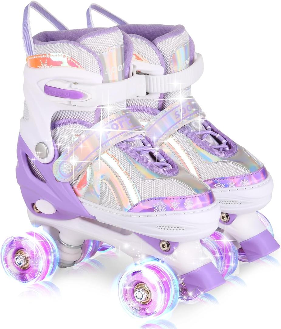 Roller Skates for Girls Boys Kids Age 3-12 Years Old Adjustable 4 Sizes with Wheels Light up, Birthday Gift for Children Teens, Indoor Outdoor (Medium, Purple white)