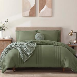 Monbix Queen Comforter Set - 7 Pieces Light Sage Green Bed in a Bag Queen Bedding Sets with Comforters, All Seasons Comforter Bed Set with Sheets, Pillowcases & Shams (Queen(90"X90"))