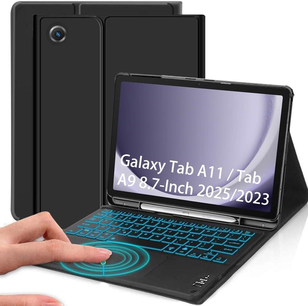 Case with Keyboard for Galaxy Tab A11 / Tab A9 8.7-Inch 2025/2023 7 Color Backlit, Smart Touchpad, Detachable Keyboard Synthetic Leather Cover with S Pen Holder for Galaxy Tab A11/A9, Black