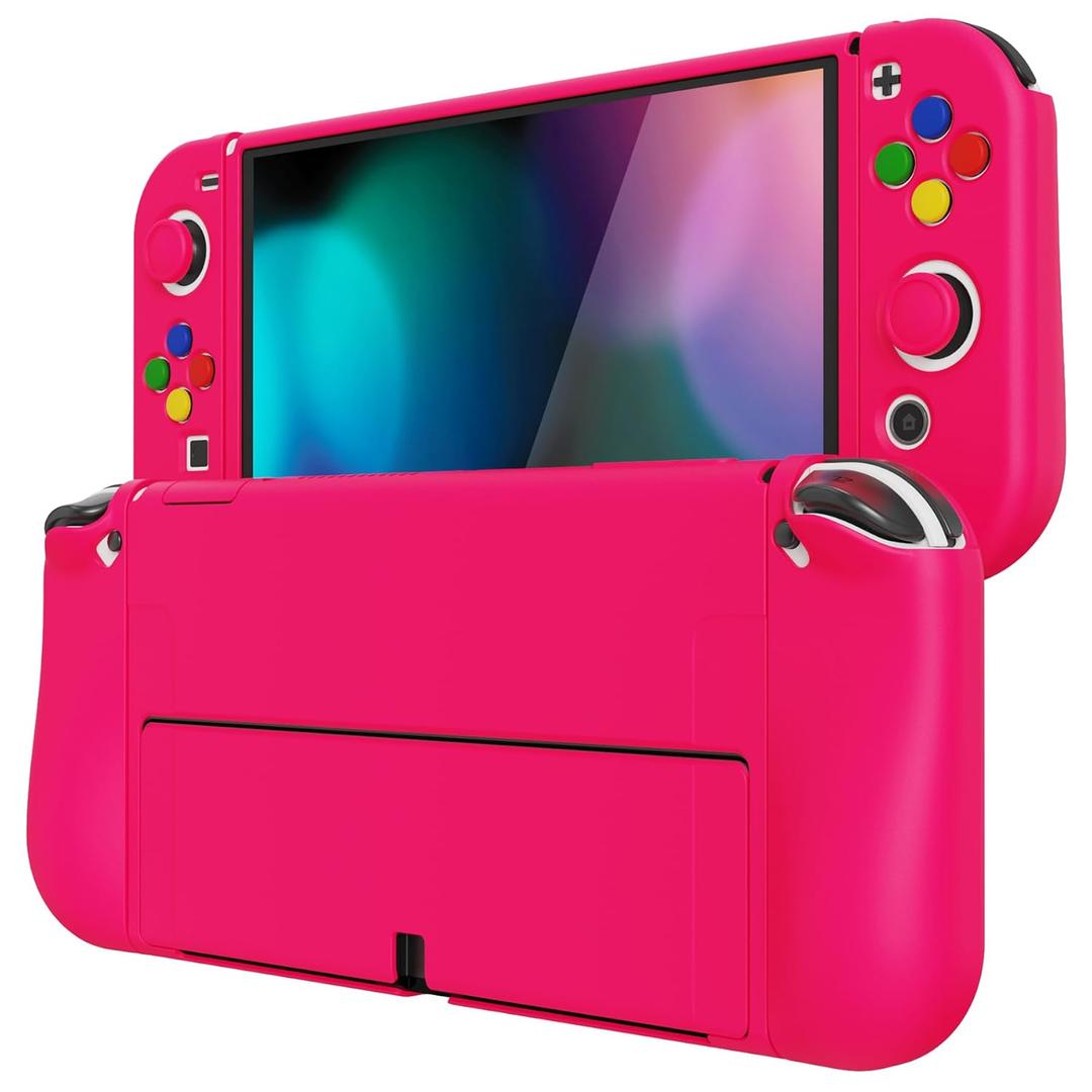 PlayVital ZealProtect Soft Protective Case for Nintendo Switch OLED, Flexible Protector Joycon Grip Cover for Nintendo Switch OLED with Thumb Grips & ABXY Direction Button Cap - Bright Pink