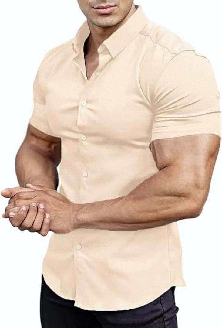 Mens Muscle Fit Dress Shirts Athletic Slim Fit Short Sleeve Stretch Casual Button Down Shirt (Orange, L)