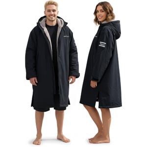 Owntop Swim Parka Kids Adult | Waterproof & Sherpa Lining | Velcro Arm Patch | Oversized Hooded Surf Poncho Changing Robe (Medium, Black-gray)