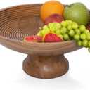 Folkulture Wooden Fruit Bowl for Kitchen Counter | 12" Large Premium Eco Friendly Banana Fruit Basket for Kitchen | Acacia Wood Bowl with Holder, Pedestal for Table Decor, Centerpiece for Dining Table (Natural Ribbed)