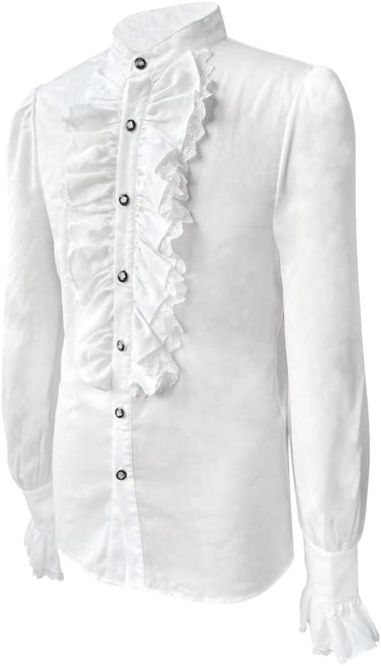 Men's Vampire Vintage Jacket Gothic Victorian Ruffled Blouse Shirt Vintage Long Sleeve Corset Top (X-Large, White)