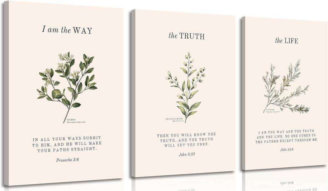 3Pcs Christian Bible Canvas Wall art Religious Verse Painting Picture Wall Decor Proverbs 3:6 John 14:6 Vintage Botanical Poster Print Artwork for Bedroom Living Room Study Home Decoration Neutral Beige Faith Gifts, 16x24in