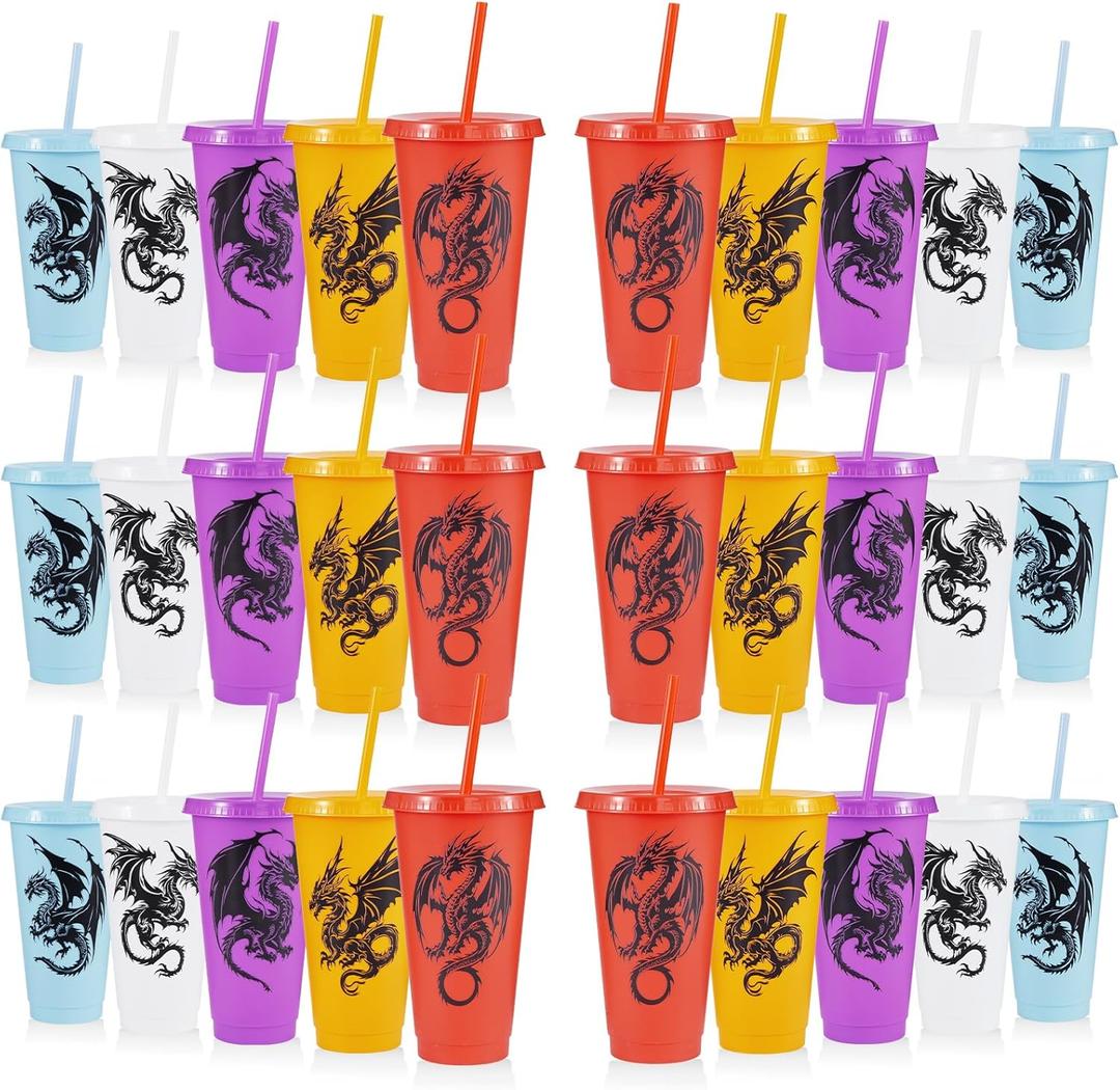 30 Pcs Western Dragon Cups with Lids and Straws, 24 oz Plastic Drink Cups Reusable Bulk Dragon Tumblers for Fantasy Creature Theme Party Favors Birthday Party Gifts