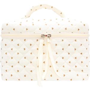 PAZIMIIK Quilted Makeup Bag Large Travel Zipper Soft Cosmetic Case for Women Girls Make Up,Gauze Heart Coffee (1 PCS Bag)