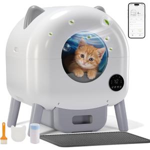 GTPLAYER Self Cleaning Litter Box, Automatic Cat Litter Box - APP Control and Weight Monitoring, Safety Sensors Protection, Ultra-Quiet, Odor Control, Includes Trash Bag& Scrub Brush, Ivory