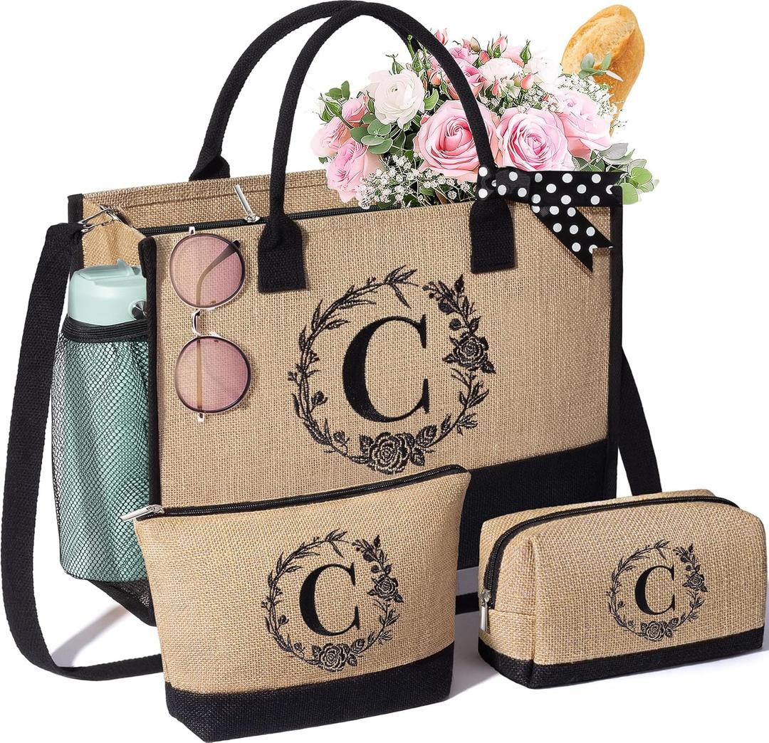Personalized Gifts for Women Tote Bag, Initial Jute Tote Bag & Makeup Bags Monogrammed Beach Bag w/ Zipper, Birthday Valentines Day Gifts for Women Her Friends Mom Daughter Sister Girlfriend Teacher