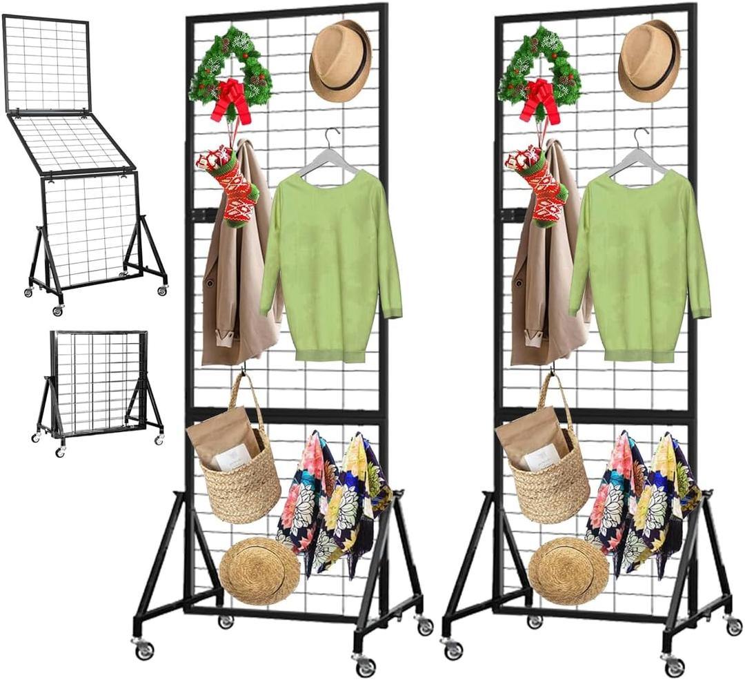 Rectangle Gridwall Panel Display Stand, Heavy Duty Foldable Gridwall Panels, Grid Wall Panels Movable Art Display Shelf with Triangle Base and Braked Wheels (2)