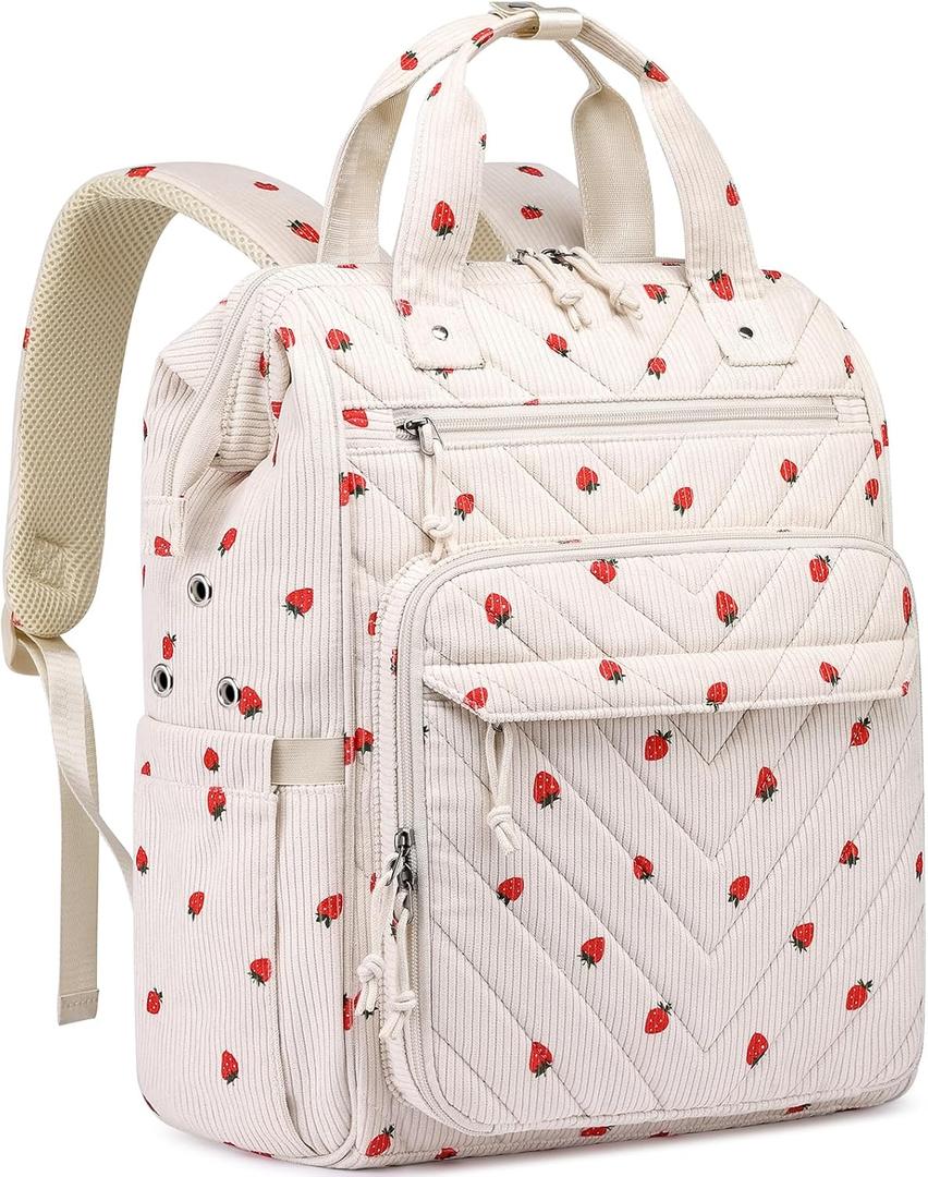 Crochet Bag Backpack, Yarn Storage, Large Crochet Storage Organizer for Knitting & Crochet Accessories, Kawaii Corduroy Crochet Supplies, Christmas Gifts for Women, Beige Strawberries