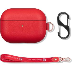 Portable AirPods Pro Case with Keychain Strap and Carry Clip, Full Grain Leather AirPods Pro Case Cover with Protective Microfiber Lining Design - Red