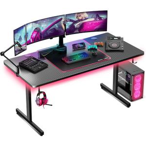 GTPLAYER 55 Inch Gaming Desk with LED Lights, Large Computer Desk with Mouse Pad for Home Office, T-Shaped Carbon Fibre Surface PC Game Workstations with Headphone Hook
